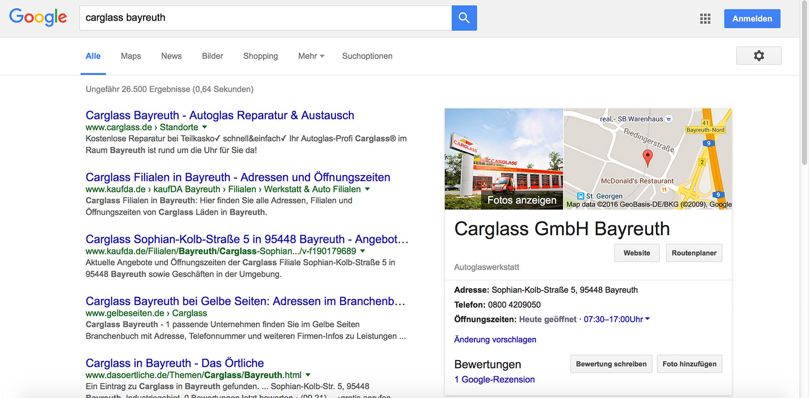 Carglass Bayreuth Google Maps Eintrag